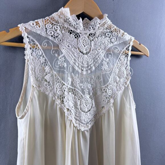 Boho Chic Crochet Lace Sheer Cottage Sleeveless Festival Coastal Cream Top MED - Picture 3 of 10